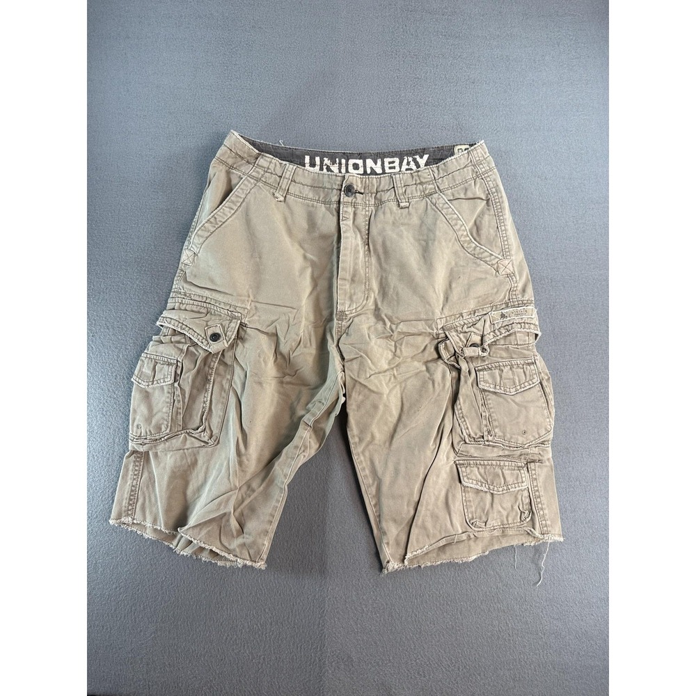 UNION BAY Cargo Shorts Mens 36 Beige Canvas Relaxed 12 Inseam Frayed Summer